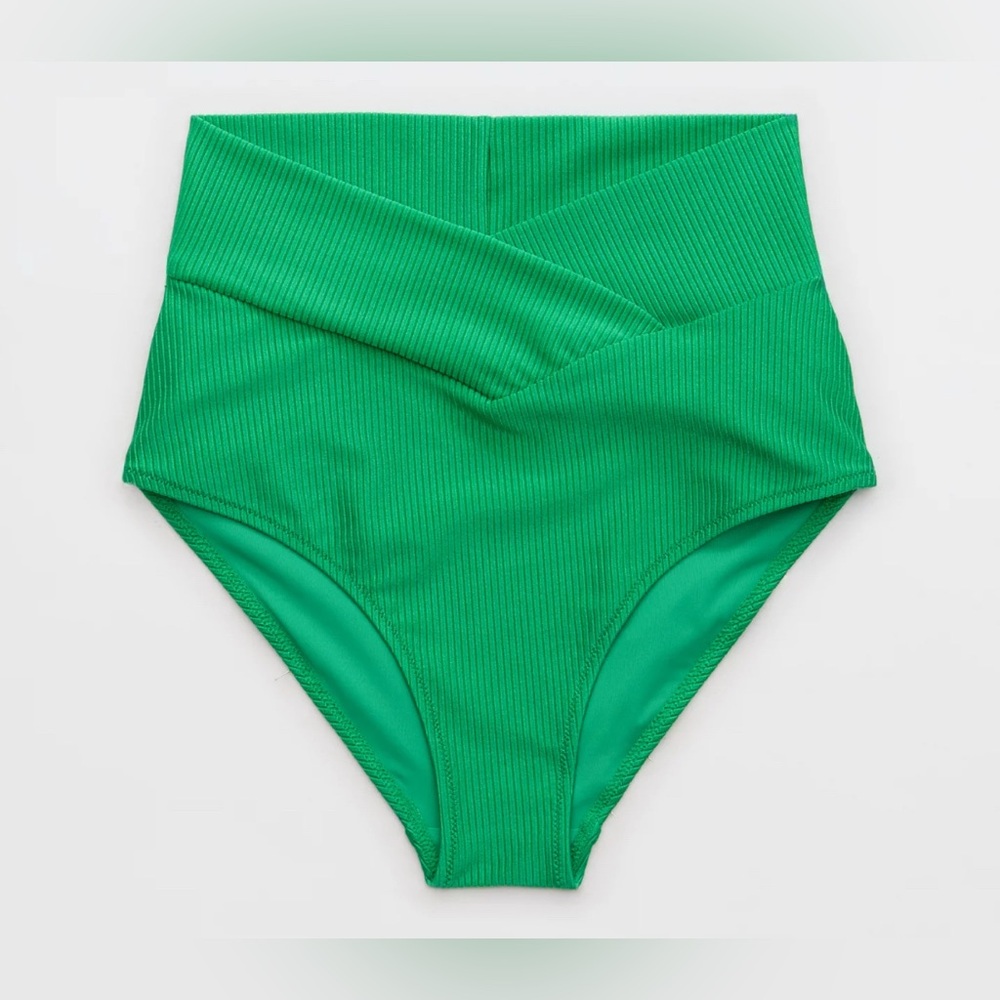 NWT Aerie Shine Rib Crossover High Waisted Full Coverage Bikini Bottom in Green